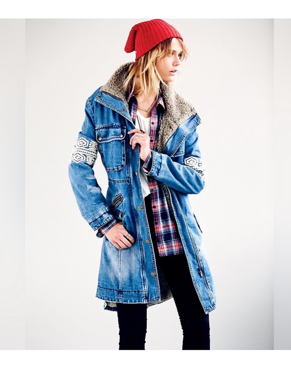 Free People Blue Denim Sherpa-Lined Jean Jacket